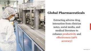 PwC AI Lab | 13
Global Pharmaceuticals
Extracting adverse drug
interaction from clinician
notes, social media, and
medical literature to
enhance productivity and
effectiveness (96%
accuracy)
 
