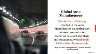 PwC AI Lab | 21
Global Auto
Manufacturer
Gamification of Strategy
resulted in the Auto
Manufacturer evaluating over
200,000 go-to-market
scenarios to launch rideshare
and autonomous vehicle multi-
billion dollar business unit
Won the Best Enterprise AI Alconics Award
at AI Summit
 