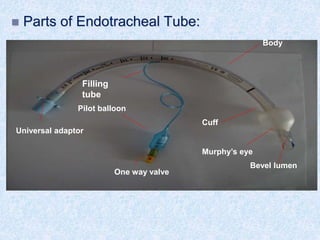 One way valve
Universal adaptor
Pilot balloon
Bevel lumen
Murphy’s eye
Cuff
Body
Filling
tube
 Parts of Endotracheal Tube:
 