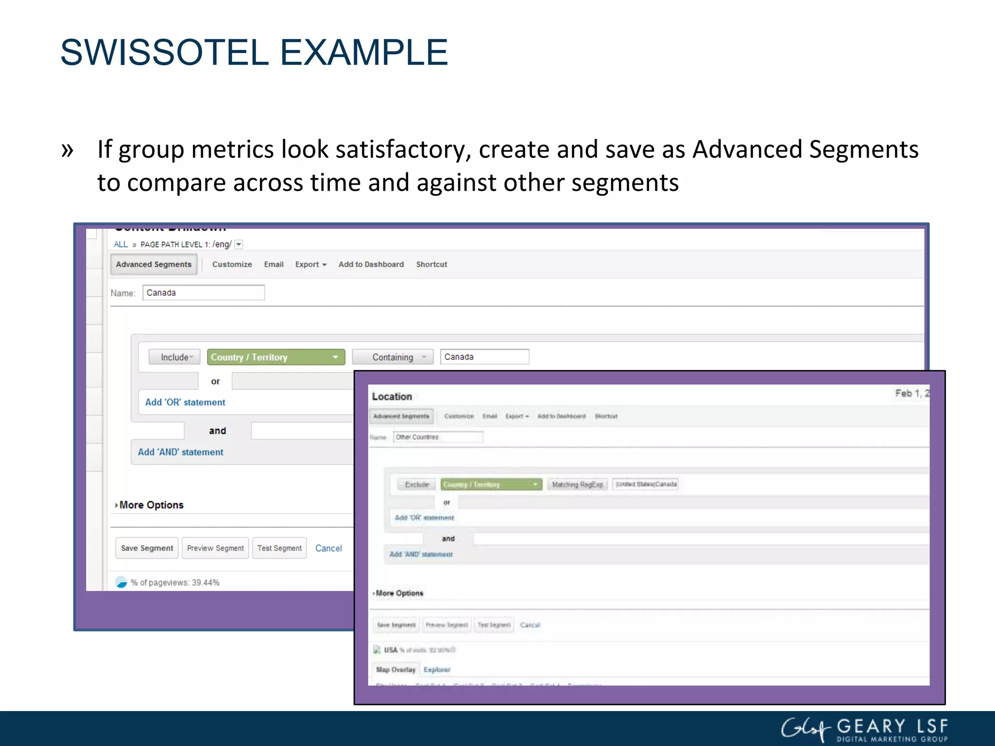 SWISSOTEL EXAMPLE
» If group metrics look satisfactory, create and save as Advanced Segments
to compare across time and against other segments
 