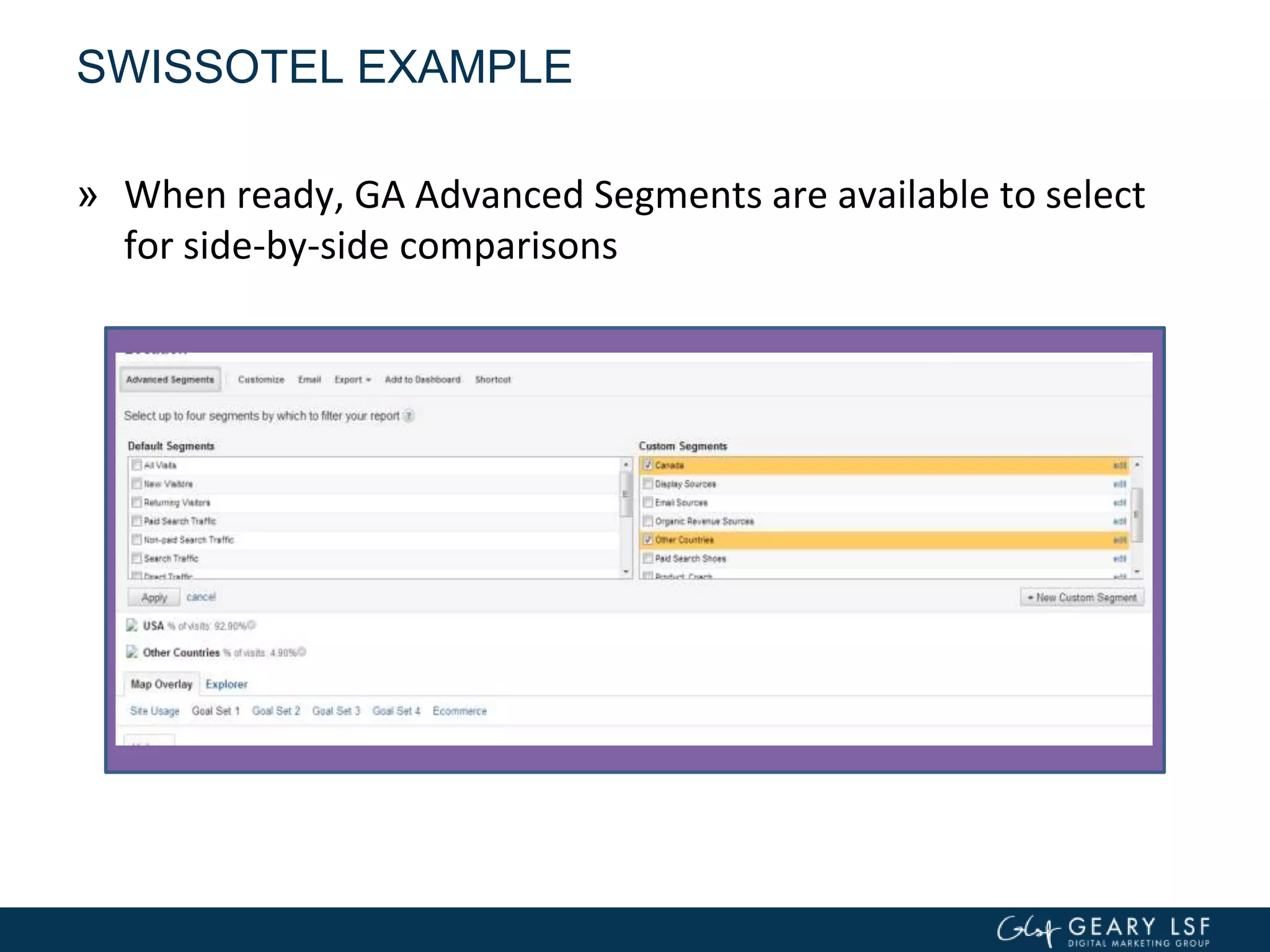 SWISSOTEL EXAMPLE
» When ready, GA Advanced Segments are available to select
for side-by-side comparisons
 
