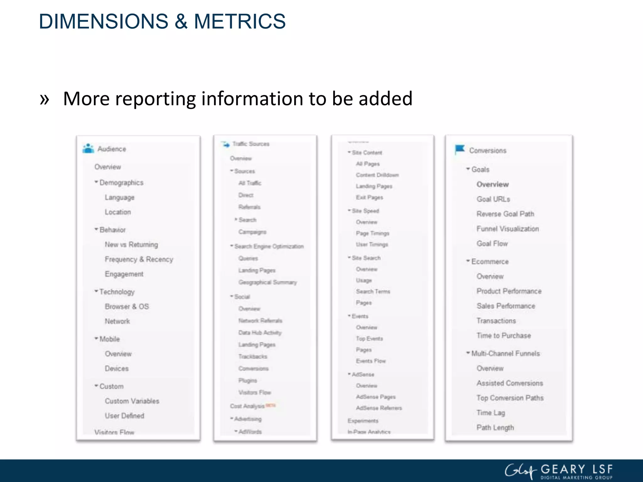 DIMENSIONS & METRICS
» More reporting information to be added
 