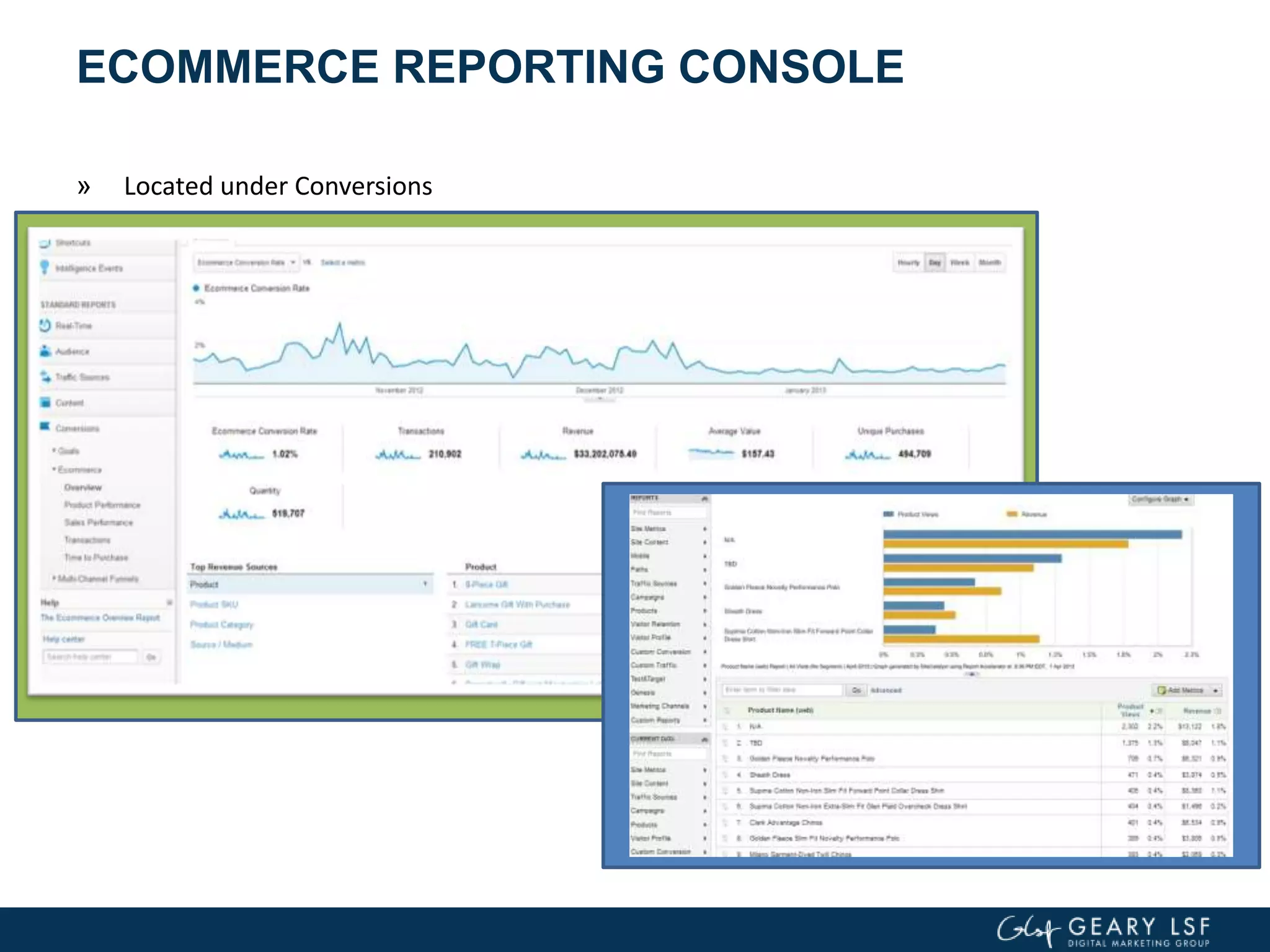 ECOMMERCE REPORTING CONSOLE
» Located under Conversions
 
