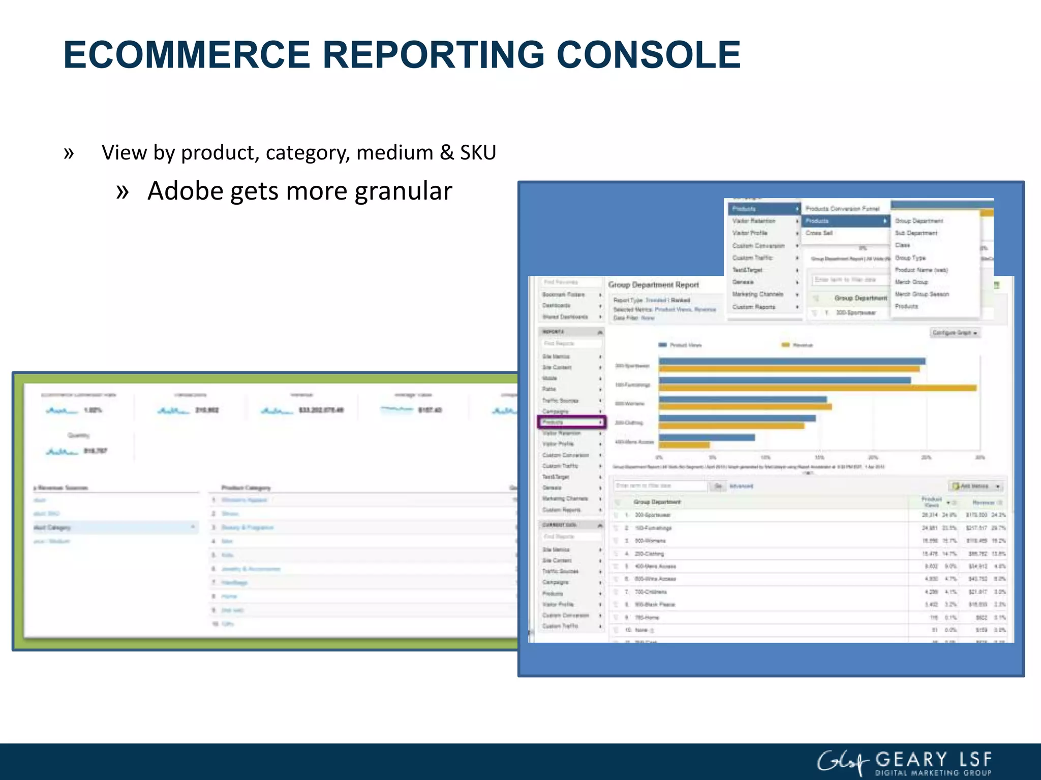 ECOMMERCE REPORTING CONSOLE
» View by product, category, medium & SKU
» Adobe gets more granular
 