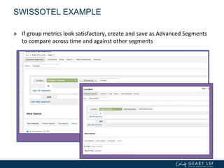 SWISSOTEL EXAMPLE
» If group metrics look satisfactory, create and save as Advanced Segments
to compare across time and against other segments
 