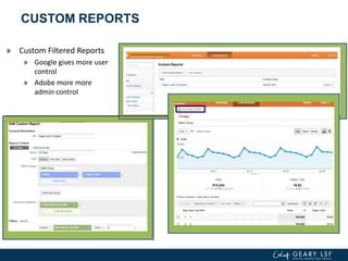 CUSTOM REPORTS
» Custom Filtered Reports
» Google gives more user
control
» Adobe more more
admin control
 