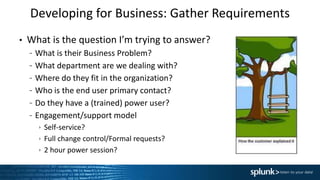 Developing for Business: Gather Requirements
• What is the question I’m trying to answer?
– What is their Business Problem?
– What department are we dealing with?
– Where do they fit in the organization?
– Who is the end user primary contact?
– Do they have a (trained) power user?
– Engagement/support model
 Self-service?
 Full change control/Formal requests?
 2 hour power session?
 