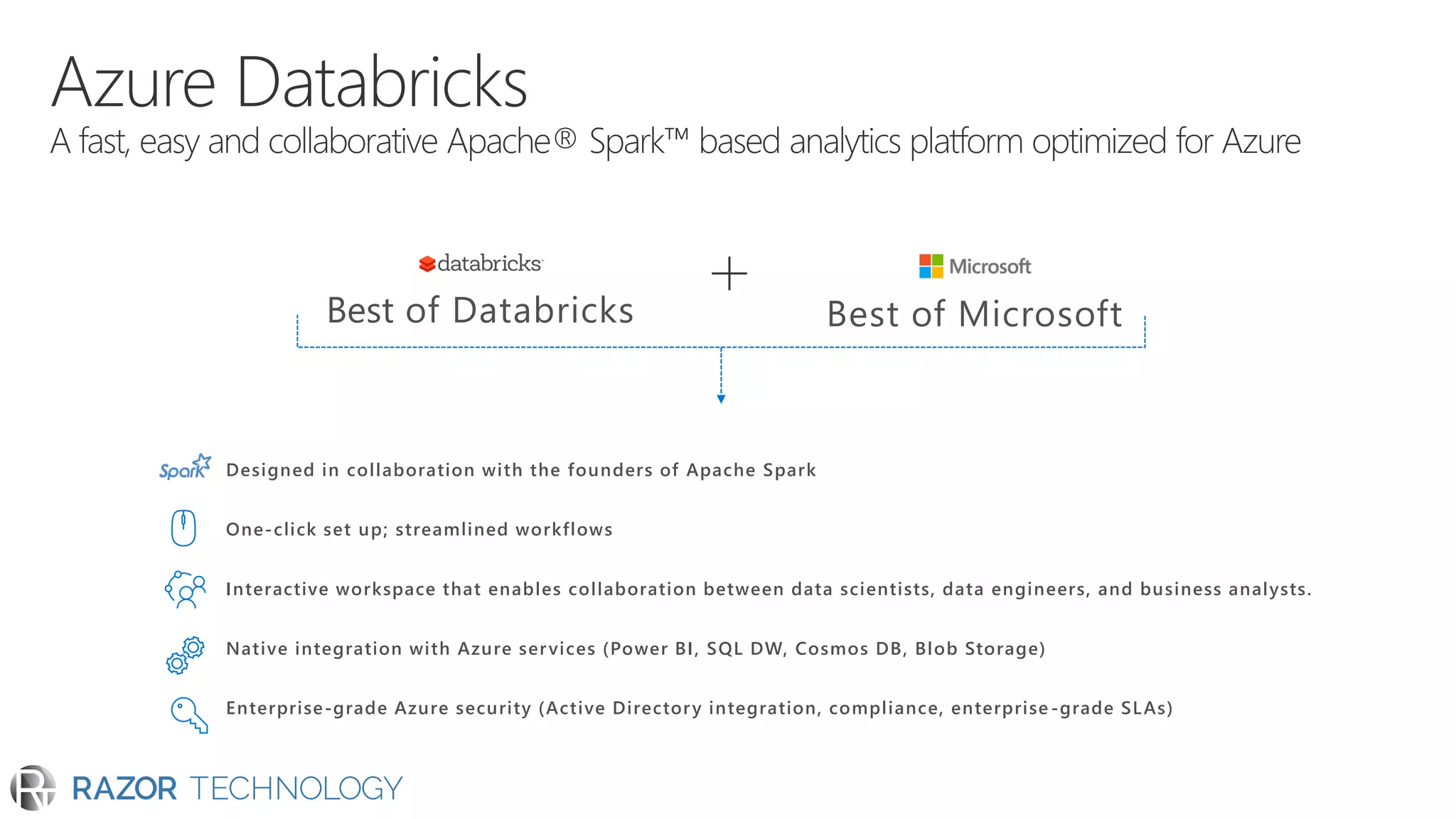 Best of Databricks Best of Microsoft
Designed in collaboration with the founders of Apache Spark
One-click set up; streamlined workflows
Interactive workspace that enables collaboration between data scientists, data engineers, and business analysts.
Native integration with Azure services (Power BI, SQL DW, Cosmos DB, Blob Storage)
Enterprise-grade Azure security (Active Directory integration, compliance, enterprise -grade SLAs)
 