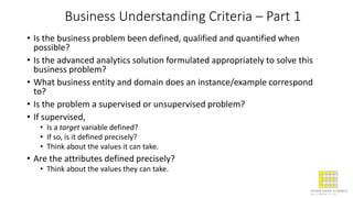 Business Understanding Criteria – Part 1
• Is the business problem been defined, qualified and quantified when
possible?
• Is the advanced analytics solution formulated appropriately to solve this
business problem?
• What business entity and domain does an instance/example correspond
to?
• Is the problem a supervised or unsupervised problem?
• If supervised,
• Is a target variable defined?
• If so, is it defined precisely?
• Think about the values it can take.
• Are the attributes defined precisely?
• Think about the values they can take.
 