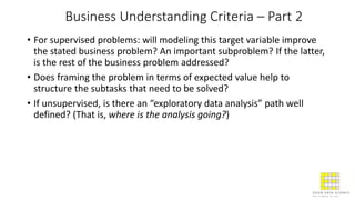 Business Understanding Criteria – Part 2
• For supervised problems: will modeling this target variable improve
the stated business problem? An important subproblem? If the latter,
is the rest of the business problem addressed?
• Does framing the problem in terms of expected value help to
structure the subtasks that need to be solved?
• If unsupervised, is there an “exploratory data analysis” path well
defined? (That is, where is the analysis going?)
 