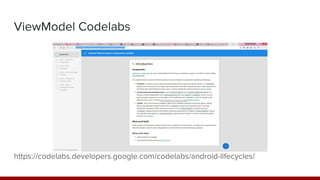 ViewModel Codelabs
https://codelabs.developers.google.com/codelabs/android-lifecycles/
 