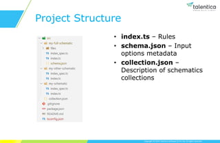 Copyright © 2019 Talentica Software (I) Pvt Ltd. All rights reserved.
Project Structure
• index.ts – Rules
• schema.json – Input
options metadata
• collection.json –
Description of schematics
collections
 