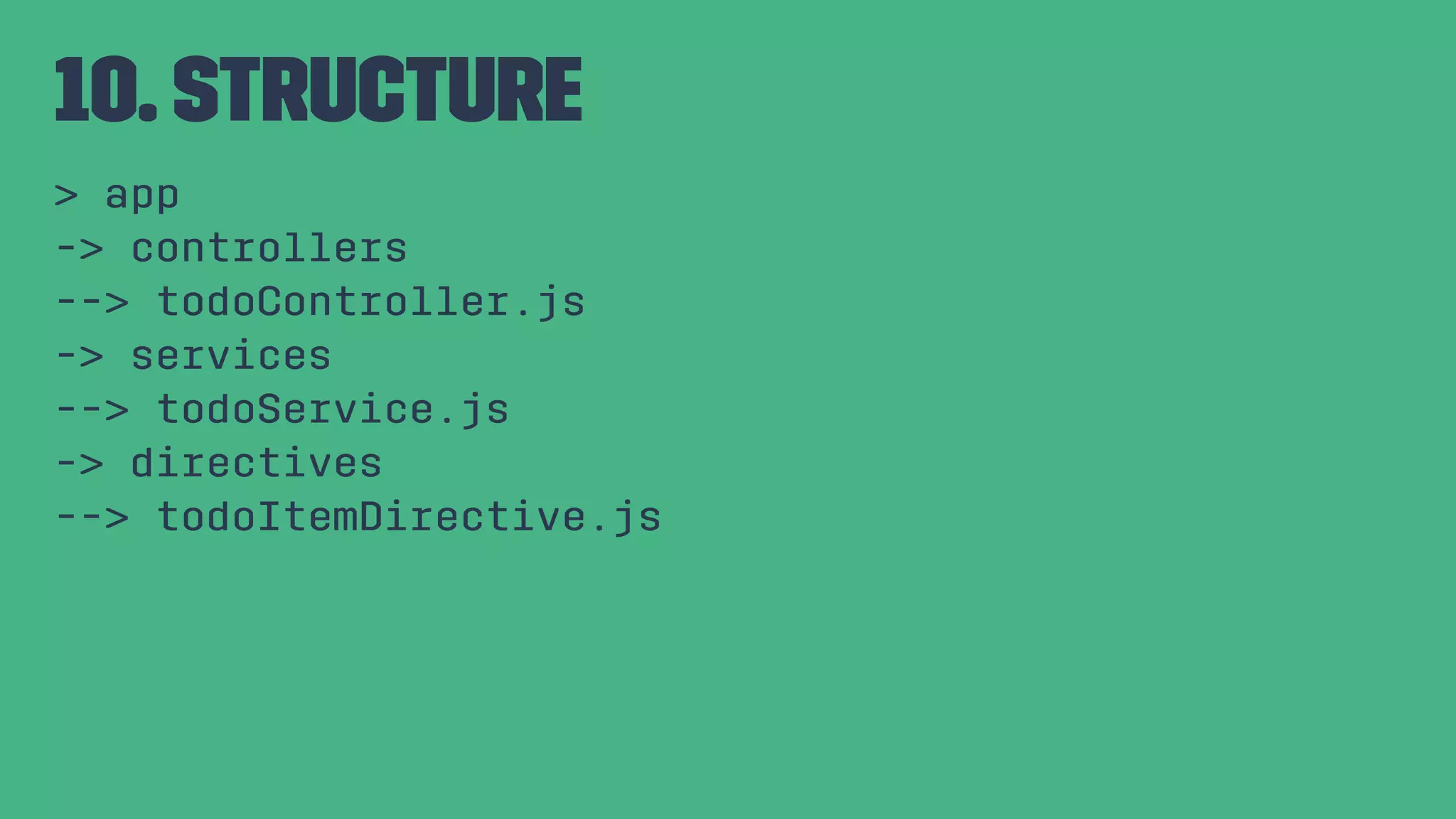 10. Structure > app -> controllers --> todoController.js -> services --> todoService.js -> directives --> todoItemDirective.js 