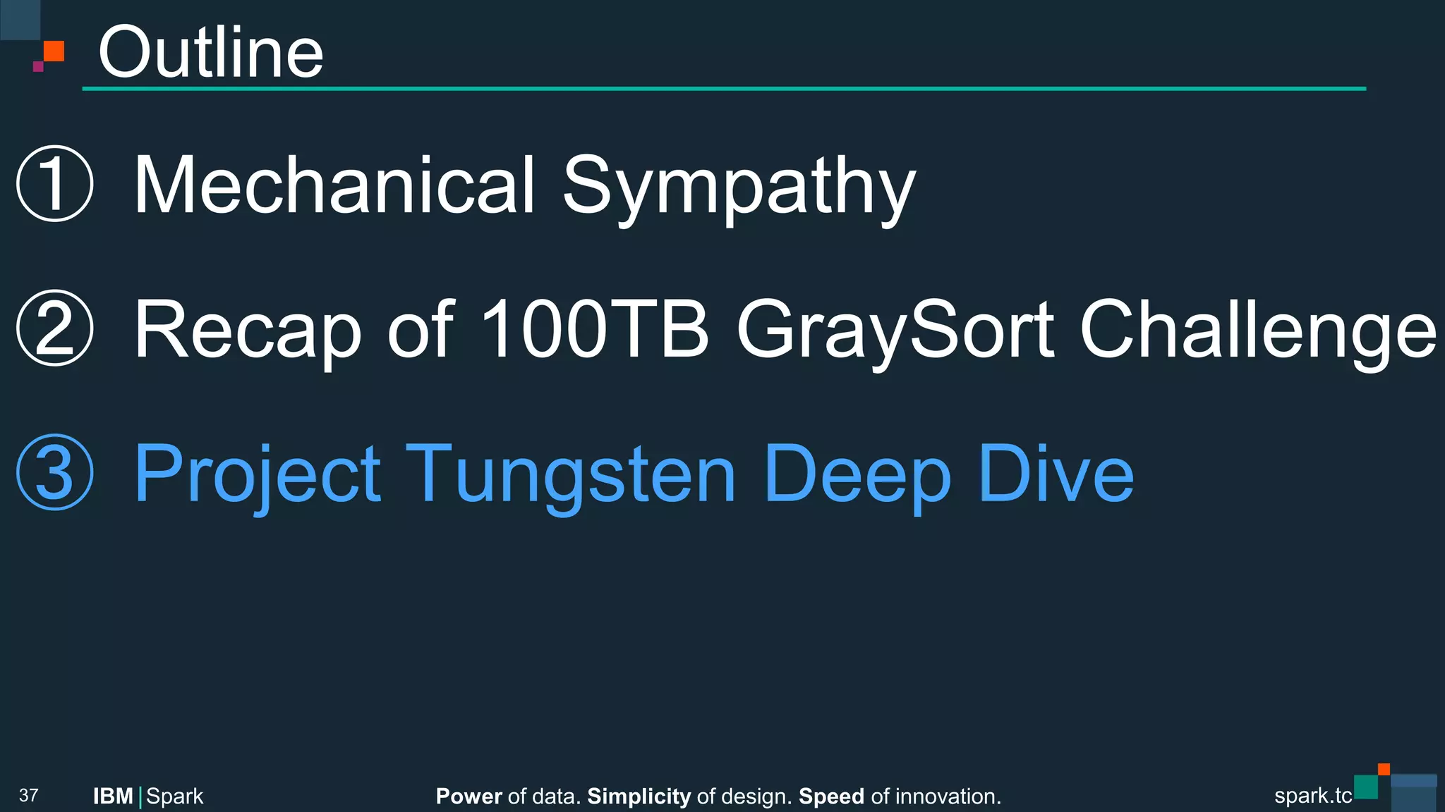 Power of data. Simplicity of design. Speed of innovation.
IBM Spark
 spark.tc
spark.tc
Power of data. Simplicity of design. Speed of innovation.
IBM Spark
Outline
①  Mechanical Sympathy
②  Recap of 100TB GraySort Challenge
③  Project Tungsten Deep Dive
37
 