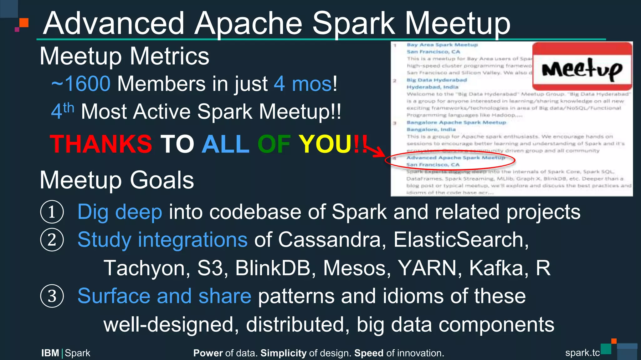 Power of data. Simplicity of design. Speed of innovation.
IBM Spark
 spark.tc
spark.tc
Power of data. Simplicity of design. Speed of innovation.
IBM Spark
Advanced Apache Spark Meetup
Meetup Metrics
~1600 Members in just 4 mos!
4th Most Active Spark Meetup!!

Meetup Goals
  Dig deep into codebase of Spark and related projects
  Study integrations of Cassandra, ElasticSearch,

Tachyon, S3, BlinkDB, Mesos, YARN, Kafka, R
  Surface and share patterns and idioms of these 

well-designed, distributed, big data components
THANKS TO ALL OF YOU!!
 