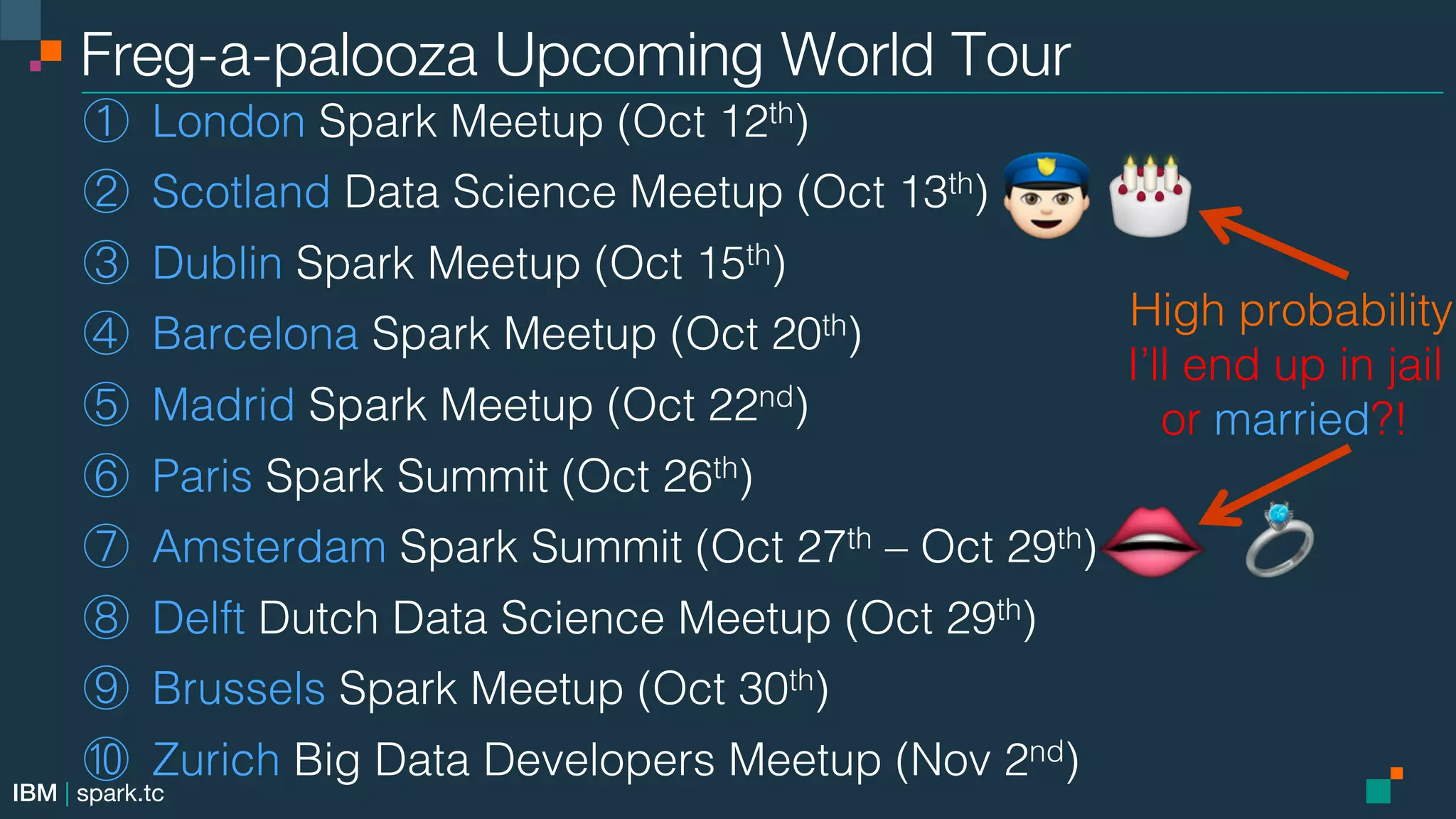 IBM | spark.tc Freg-a-palooza Upcoming World Tour   London Spark Meetup (Oct 12th)!   Scotland Data Science Meetup (Oct 13th)!   Dublin Spark Meetup (Oct 15th)!   Barcelona Spark Meetup (Oct 20th)!   Madrid Spark Meetup (Oct 22nd)!   Paris Spark Summit (Oct 26th)!   Amsterdam Spark Summit (Oct 27th – Oct 29th)!   Delft Dutch Data Science Meetup (Oct 29th) !   Brussels Spark Meetup (Oct 30th)!   Zurich Big Data Developers Meetup (Nov 2nd)! High probability! I’ll end up in jail! or married?!! 