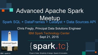IBM | spark.tc
Advanced Apache Spark Meetup
Spark SQL + DataFrames + Catalyst + Data Sources API
Chris Fregly, Principal Data Solutions Engineer
IBM Spark Technology Center
Sept 21, 2015
Power of data. Simplicity of design. Speed of innovation.
 