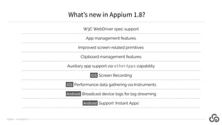 W3C WebDriver spec support
App management features
Improved screen-related primitives
Clipboard management features
Auxili...