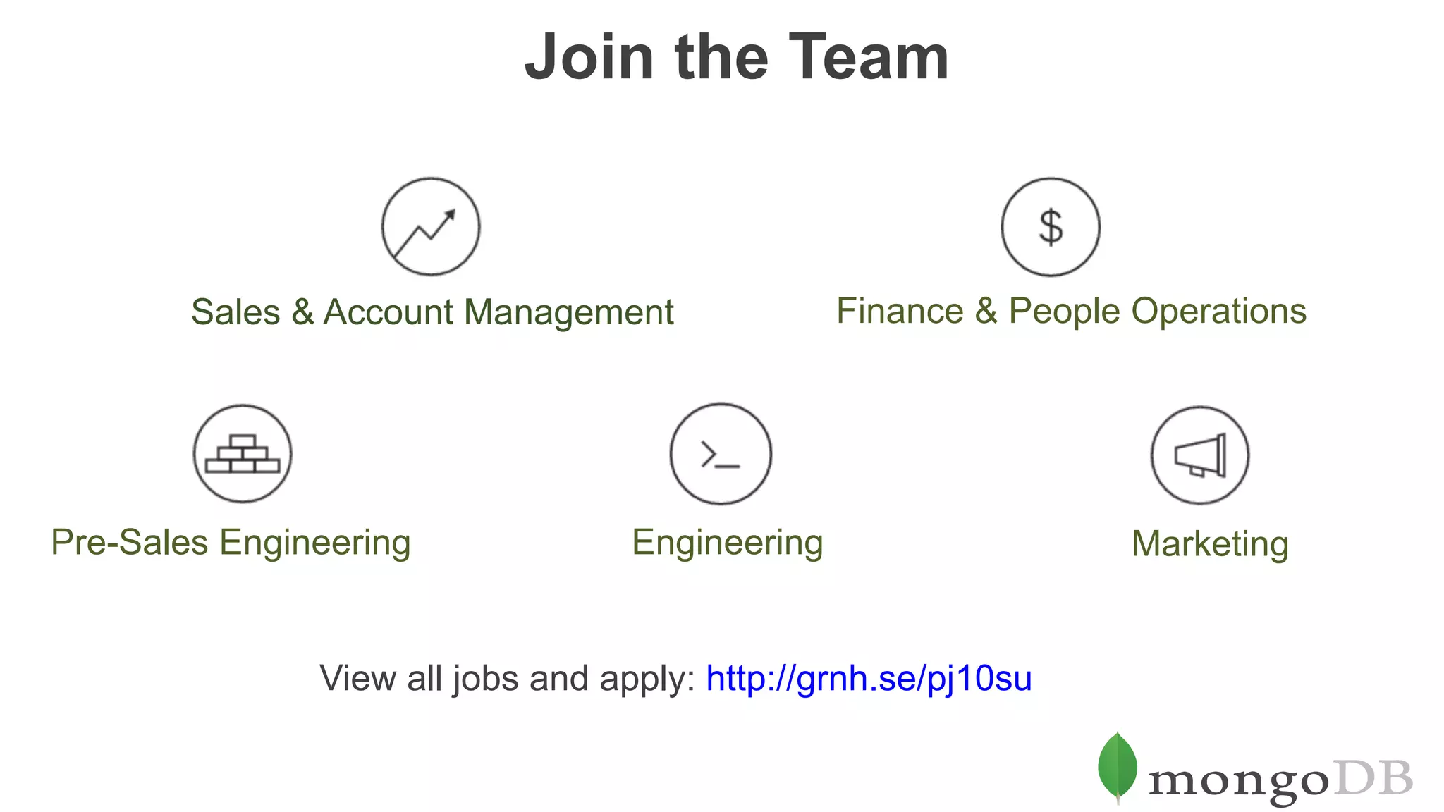 Engineering
Sales & Account Management Finance & People Operations
Pre-Sales Engineering Marketing
Join the Team
View all jobs and apply: http://grnh.se/pj10su
 