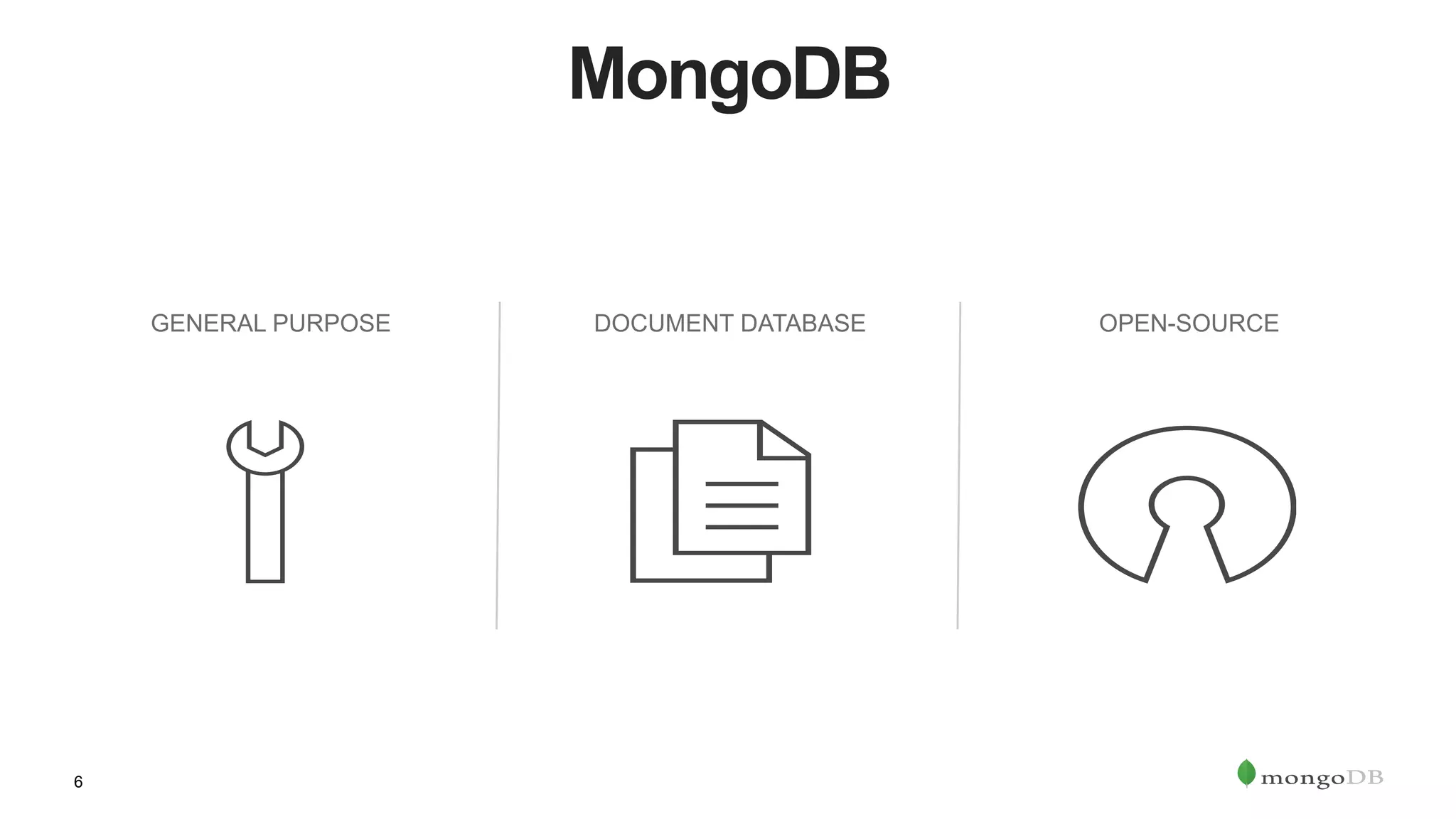 6
MongoDB
GENERAL PURPOSE DOCUMENT DATABASE OPEN-SOURCE
 