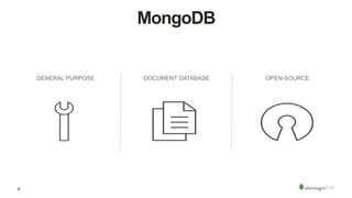 6
MongoDB
GENERAL PURPOSE DOCUMENT DATABASE OPEN-SOURCE
 