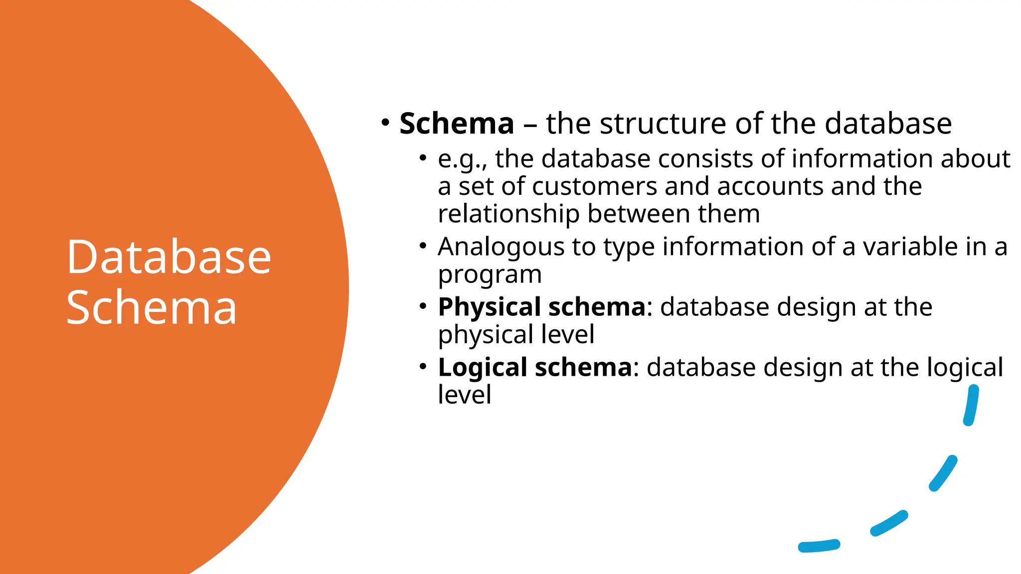 Database Schema • Schema – the structure of the database • e.g., the database consists of information about a set of customers and accounts and the relationship between them • Analogous to type information of a variable in a program • Physical schema: database design at the physical level • Logical schema: database design at the logical level 