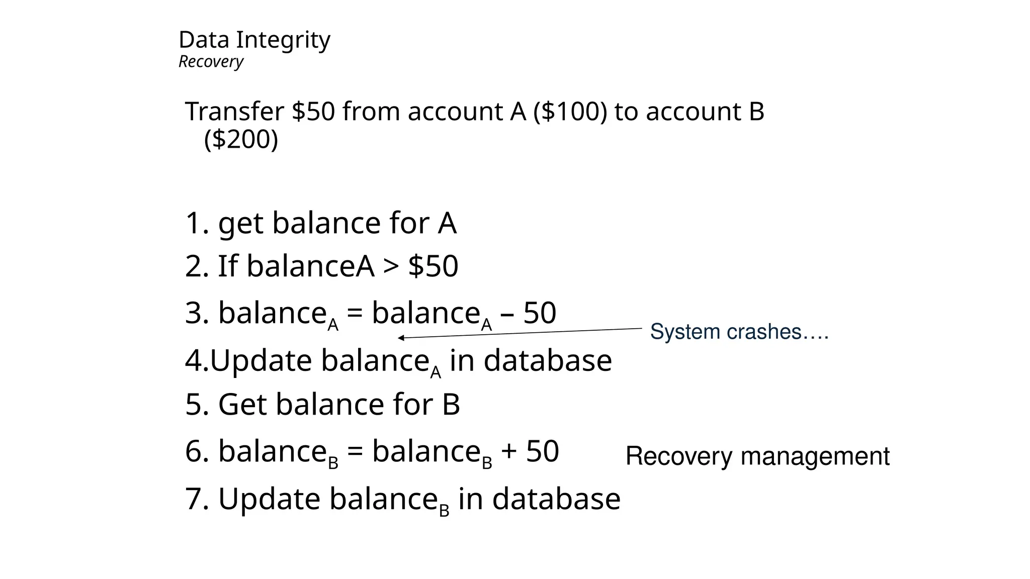 Data Integrity Recovery Transfer $50 from account A ($100) to account B ($200) 1. get balance for A 2. If balanceA > $50 3. balanceA = balanceA – 50 4.Update balanceA in database 5. Get balance for B 6. balanceB = balanceB + 50 7. Update balanceB in database System crashes…. Recovery management 