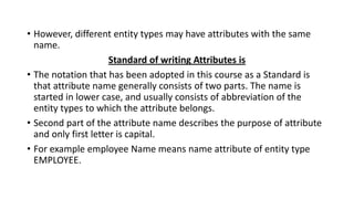 • However, different entity types may have attributes with the same
name.
Standard of writing Attributes is
• The notation that has been adopted in this course as a Standard is
that attribute name generally consists of two parts. The name is
started in lower case, and usually consists of abbreviation of the
entity types to which the attribute belongs.
• Second part of the attribute name describes the purpose of attribute
and only first letter is capital.
• For example employee Name means name attribute of entity type
EMPLOYEE.
 