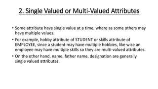 2. Single Valued or Multi-Valued Attributes
• Some attribute have single value at a time, where as some others may
have multiple values.
• For example, hobby attribute of STUDENT or skills attribute of
EMPLOYEE, since a student may have multiple hobbies, like wise an
employee may have multiple skills so they are multi-valued attributes.
• On the other hand, name, father name, designation are generally
single valued attributes.
 