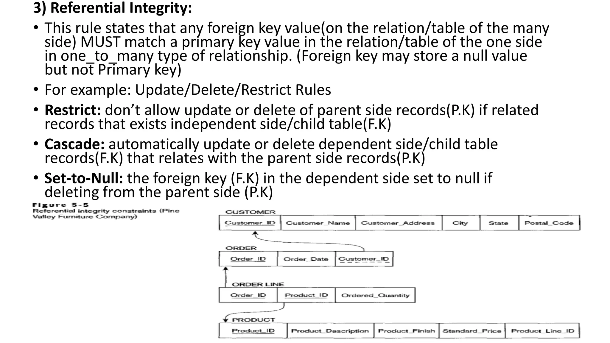 3) Referential Integrity:
• This rule states that any foreign key value(on the relation/table of the many
side) MUST match a primary key value in the relation/table of the one side
in one_to_many type of relationship. (Foreign key may store a null value
but not Primary key)
• For example: Update/Delete/Restrict Rules
• Restrict: don’t allow update or delete of parent side records(P.K) if related
records that exists independent side/child table(F.K)
• Cascade: automatically update or delete dependent side/child table
records(F.K) that relates with the parent side records(P.K)
• Set-to-Null: the foreign key (F.K) in the dependent side set to null if
deleting from the parent side (P.K)
 