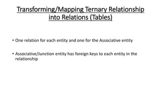 Transforming/Mapping Ternary Relationship
into Relations (Tables)
• One relation for each entity and one for the Associative entity
• Associative/Junction entity has foreign keys to each entity in the
relationship
 