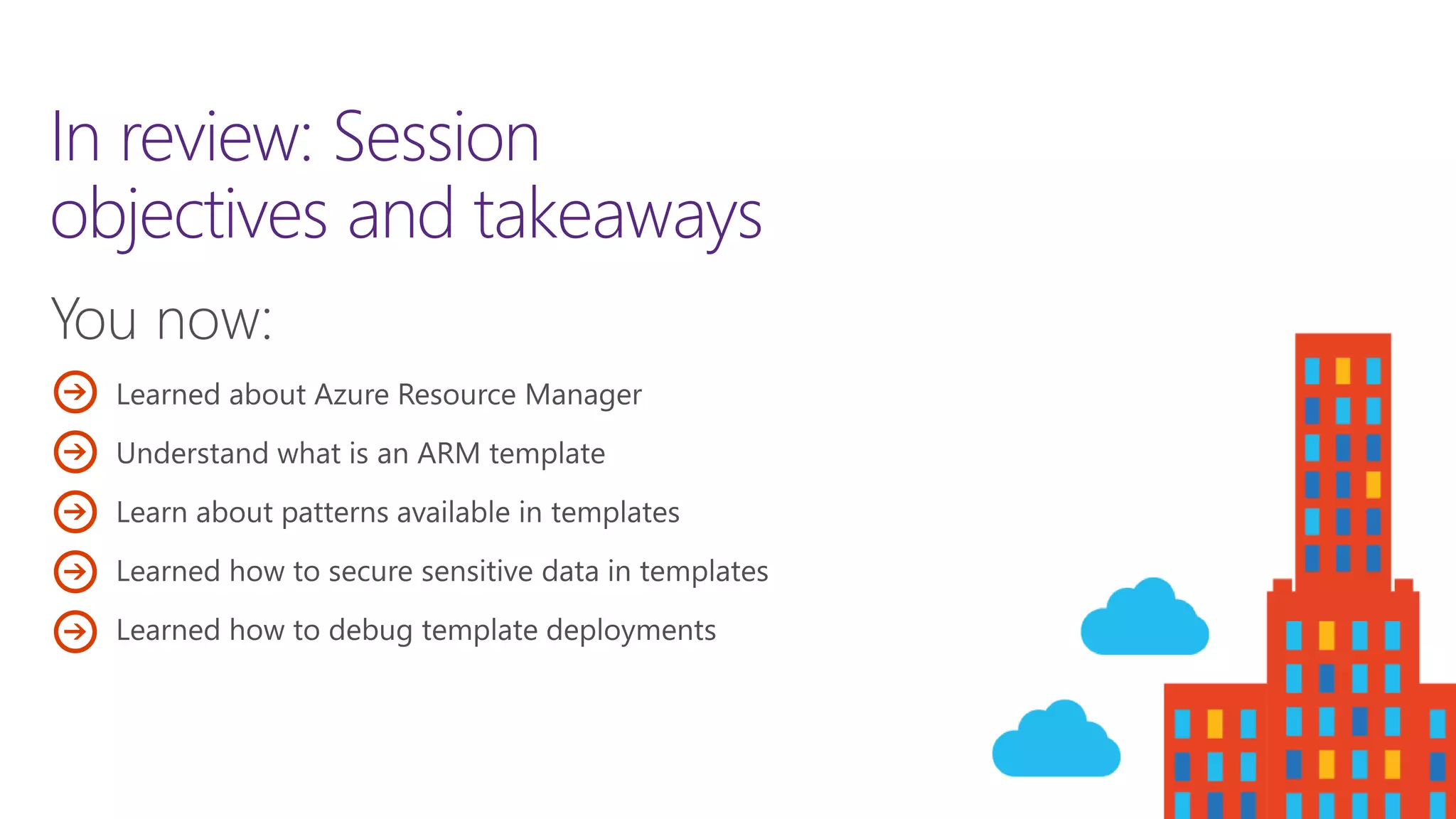 In review: Session
objectives and takeaways
 