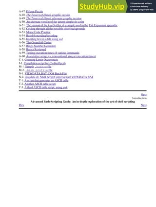 A-47. Fifteen Puzzle
A-48. The Towers of Hanoi, graphic version
A-49. The Towers of Hanoi, alternate graphic version
A-50. An alternate version of the getopt-simple.sh script
A-51. The version of the UseGetOpt.sh example used in the Tab Expansion appendix
A-52. Cycling through all the possible color backgrounds
A-53. Morse Code Practice
A-54. Base64 encoding/decoding
A-55. Inserting text in a file using sed
A-56. The Gronsfeld Cipher
A-57. Bingo Number Generator
A-58. Basics Reviewed
A-59. Testing execution times of various commands
A-60. Associative arrays vs. conventional arrays (execution times)
C-1. Counting Letter Occurrences
J-1. Completion script for UseGetOpt.sh
M-1. Sample .bashrc file
M-2. .bash_profile file
N-1. VIEWDATA.BAT: DOS Batch File
N-2. viewdata.sh: Shell Script Conversion of VIEWDATA.BAT
T-1. A script that generates an ASCII table
T-2. Another ASCII table script
T-3. A third ASCII table script, using awk
Next
Introduction
Advanced Bash-Scripting Guide: An in-depth exploration of the art of shell scripting
Prev Next
 