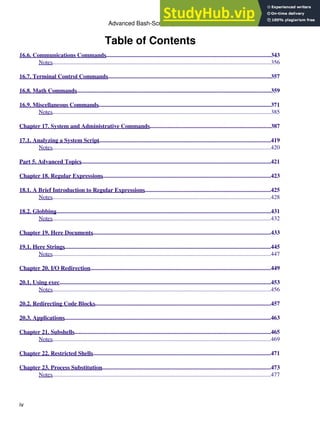 Table of Contents
16.6. Communications Commands................................................................................................................343
Notes....................................................................................................................................................356
16.7. Terminal Control Commands...............................................................................................................357
16.8. Math Commands....................................................................................................................................359
16.9. Miscellaneous Commands.....................................................................................................................371
Notes....................................................................................................................................................385
Chapter 17. System and Administrative Commands..................................................................................387
17.1. Analyzing a System Script
.....................................................................................................................419
Notes....................................................................................................................................................420
Part 5. Advanced Topics
.................................................................................................................................421
Chapter 18. Regular Expressions..................................................................................................................423
18.1. A Brief Introduction to Regular Expressions......................................................................................425
Notes....................................................................................................................................................428
18.2. Globbing
..................................................................................................................................................431
Notes....................................................................................................................................................432
Chapter 19. Here Documents.........................................................................................................................433
19.1. Here Strings............................................................................................................................................445
Notes....................................................................................................................................................447
Chapter 20. I/O Redirection
...........................................................................................................................449
20.1. Using exec...............................................................................................................................................453
Notes....................................................................................................................................................456
20.2. Redirecting Code Blocks.......................................................................................................................457
20.3. Applications............................................................................................................................................463
Chapter 21. Subshells.....................................................................................................................................465
Notes....................................................................................................................................................469
Chapter 22. Restricted Shells.........................................................................................................................471
Chapter 23. Process Substitution
...................................................................................................................473
Notes....................................................................................................................................................477
Advanced Bash-Scripting Guide
iv
 