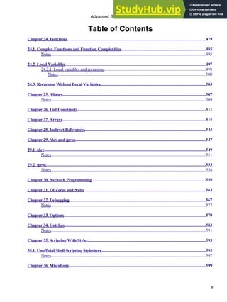 Table of Contents
Chapter 24. Functions....................................................................................................................................479
24.1. Complex Functions and Function Complexities.................................................................................485
Notes....................................................................................................................................................495
24.2. Local Variables
.......................................................................................................................................497
24.2.1. Local variables and recursion..................................................................................................498
Notes
..............................................................................................................................................500
24.3. Recursion Without Local Variables.....................................................................................................503
Chapter 25. Aliases.........................................................................................................................................507
Notes....................................................................................................................................................509
Chapter 26. List Constructs...........................................................................................................................511
Chapter 27. Arrays.........................................................................................................................................515
Chapter 28. Indirect References....................................................................................................................543
Chapter 29. /dev and /proc.............................................................................................................................547
29.1. /dev..........................................................................................................................................................549
Notes....................................................................................................................................................551
29.2. /proc.........................................................................................................................................................553
Notes....................................................................................................................................................558
Chapter 30. Network Programming.............................................................................................................559
Chapter 31. Of Zeros and Nulls.....................................................................................................................563
Chapter 32. Debugging...................................................................................................................................567
Notes....................................................................................................................................................577
Chapter 33. Options........................................................................................................................................579
Chapter 34. Gotchas.......................................................................................................................................583
Notes....................................................................................................................................................591
Chapter 35. Scripting With Style..................................................................................................................593
35.1. Unofficial Shell Scripting Stylesheet....................................................................................................595
Notes....................................................................................................................................................597
Chapter 36. Miscellany...................................................................................................................................599
Advanced Bash-Scripting Guide
v
 