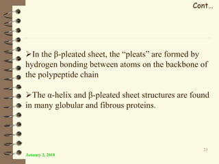 January 2, 2018
23
Cont…
In the β-pleated sheet, the “pleats” are formed by
hydrogen bonding between atoms on the backbone of
the polypeptide chain
The α-helix and β-pleated sheet structures are found
in many globular and fibrous proteins.
 