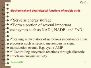 January 2, 2018 37
Biochemical and physiological functions of nucleic acids
Cont…
Serve as energy storage
Form a portion of several important
coenzymes such as NAD+, NADP+ and FAD.
Serving as mediators of numerous important cellular
processes such as second messengers in signal
transduction events. E.g. cyclic-AMP
 Controlling enzymatic reactions through allosteric
effects on enzyme activity.
 