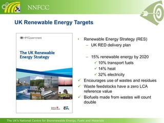 NNFCC

     UK Renewable Energy Targets

                                                  •   Renewable Energy Strategy (RES)
                                                       – UK RED delivery plan

                                                     – 15% renewable energy by 2020
                                                           10% transport fuels
                                                           14% heat
                                                           32% electricity
                                                   Encourages use of wastes and residues
                                                   Waste feedstocks have a zero LCA
                                                    reference value
                                                   Biofuels made from wastes will count
                                                    double



The UK’s National Centre for Biorenewable Energy, Fuels and Materials
 