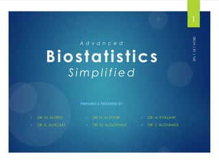 1

Biostatistics
Simplified
PREPARED & PRESENTED BY:



DR. M. ALHEFZI



DR. N. ALOTAIBI



DR. A. KHALAWI



DR. B. ALHEJAILI



DR. M. ALGOTHAMI



DR. S. ALGHAMDI

SBCM | R1 | Taif

A d v a n c e d

 