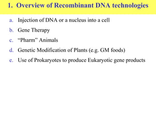 1. Overview of Recombinant DNA technologies
a. Injection of DNA or a nucleus into a cell
b. Gene Therapy
c. “Pharm” Animals
d. Genetic Modification of Plants (e.g. GM foods)
e. Use of Prokaryotes to produce Eukaryotic gene products
 