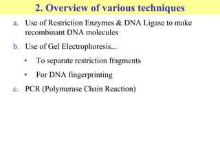 2. Overview of various techniques
a. Use of Restriction Enzymes & DNA Ligase to make
recombinant DNA molecules
b. Use of Gel Electrophoresis...
• To separate restriction fragments
• For DNA fingerprinting
c. PCR (Polymerase Chain Reaction)
 