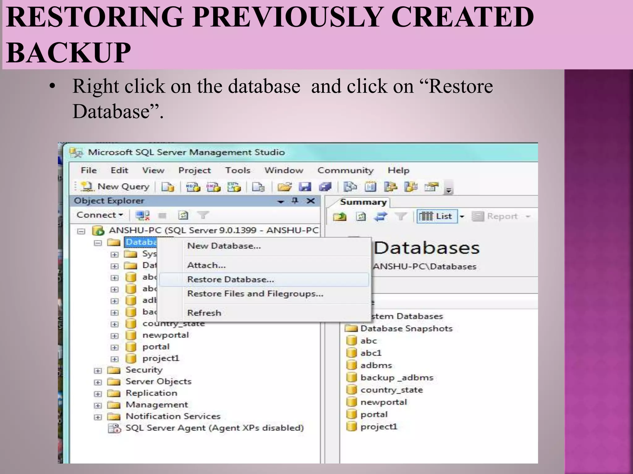 Backup and recovery in sql server database | PPTX