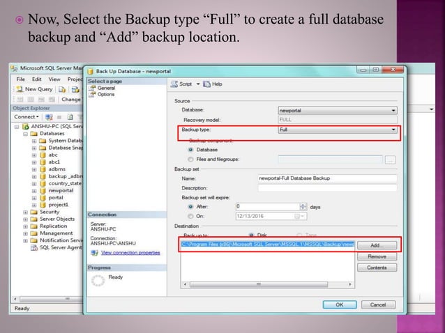 Backup and recovery in sql server database | PPTX