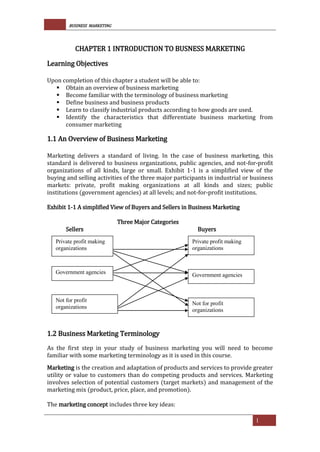 BUSINESS MARKETING
1
CHAPTER 1 INTRODUCTION TO BUSNESS MARKETING
Learning Objectives
Upon completion of this chapter a student will be able to:
 Obtain an overview of business marketing
 Become familiar with the terminology of business marketing
 Define business and business products
 Learn to classify industrial products according to how goods are used.
 Identify the characteristics that differentiate business marketing from
consumer marketing
1.1 An Overview of Business Marketing
Marketing delivers a standard of living. In the case of business marketing, this
standard is delivered to business organizations, public agencies, and not-for-profit
organizations of all kinds, large or small. Exhibit 1-1 is a simplified view of the
buying and selling activities of the three major participants in industrial or business
markets: private, profit making organizations at all kinds and sizes; public
institutions (government agencies) at all levels; and not-for-profit institutions.
Exhibit 1-1 A simplified View of Buyers and Sellers in Business Marketing
Three Major Categories
Sellers Buyers
1.2 Business Marketing Terminology
As the first step in your study of business marketing you will need to become
familiar with some marketing terminology as it is used in this course.
Marketing is the creation and adaptation of products and services to provide greater
utility or value to customers than do competing products and services. Marketing
involves selection of potential customers (target markets) and management of the
marketing mix (product, price, place, and promotion).
The marketing concept includes three key ideas:
Government agencies
Private profit making
organizations
Private profit making
organizations
Government agencies
Not for profit
organizations
Not for profit
organizations
 