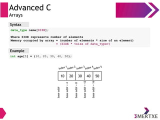 Advanced C
Arrays
Syntax
data_type name[SIZE];
Where SIZE represents number of elements
Memory occupied by array = (number of elements * size of an element)
= (SIZE * <size of data_type>)
Example
int age[5] = {10, 20, 30, 40, 50};
10 20 30 40 50
Index 1
Index 2
Index 3
Index 4
Index 5
baseaddr
baseaddr+4
baseaddr+8
baseaddr+12
baseaddr+16
 