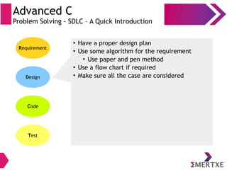 Advanced C
Problem Solving - SDLC – A Quick Introduction
Requirement
Design
Code
Test
●
Have a proper design plan
●
Use some algorithm for the requirement
●
Use paper and pen method
●
Use a flow chart if required
●
Make sure all the case are considered
 