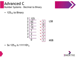 Advanced C
Number Systems – Decimal to Binary
● 12510 to Binary
1252
622 1
312 0
152 1
72 1
32 1
12 1
0 1
● So 12510 is 11111012
MSB
LSB
 