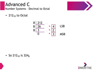Advanced C
Number Systems – Decimal to Octal
● 21210 to Octal
2128
268 4
38 2
0 3
● So 21210 is 3248
MSB
LSB
 