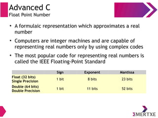 Advanced C
Float Point Number
●
A formulaic representation which approximates a real
number
●
Computers are integer machines and are capable of
representing real numbers only by using complex codes
●
The most popular code for representing real numbers is
called the IEEE Floating-Point Standard
Sign Exponent Mantissa
Float (32 bits)
Single Precision
1 bit 8 bits 23 bits
Double (64 bits)
Double Precision
1 bit 11 bits 52 bits
 