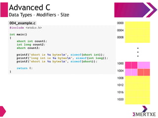 Advanced C
Data Types – Modifiers - Size
0000
0004
0008
1000
1004
1008
1012
1020
1016
●
●
●
004_example.c
#include <stdio.h>
int main()
{
short int count1;
int long count2;
short count3;
printf(“short is %u bytesn”, sizeof(short int));
printf(“long int is %u bytesn”, sizeof(int long));
printf(“short is %u bytesn”, sizeof(short));
return 0;
}
 